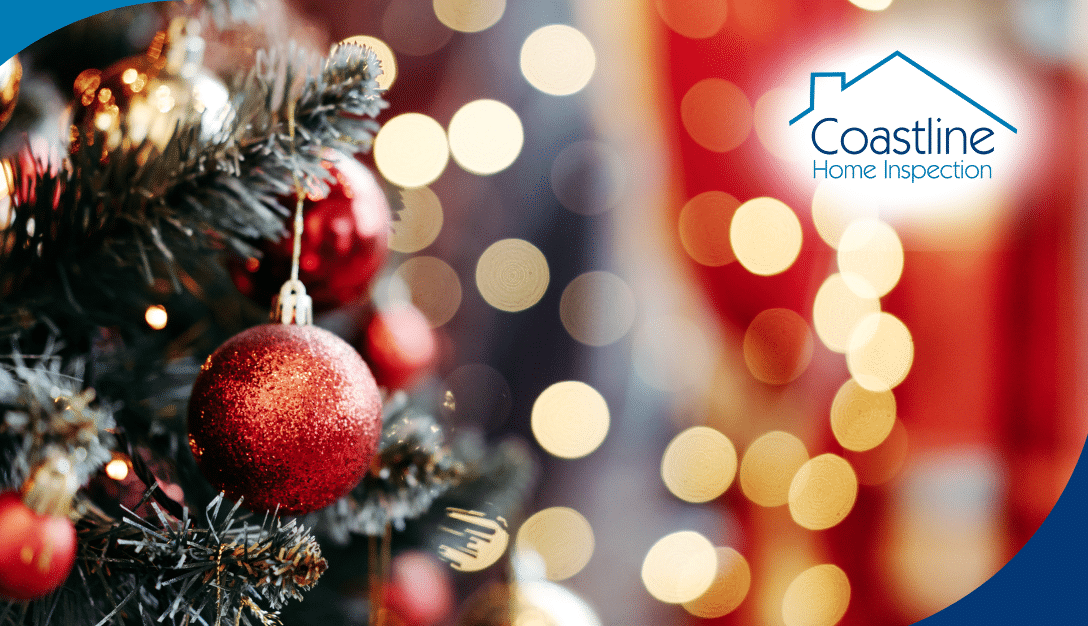 Close-up of a decorated Christmas tree with red ornaments and festive lights