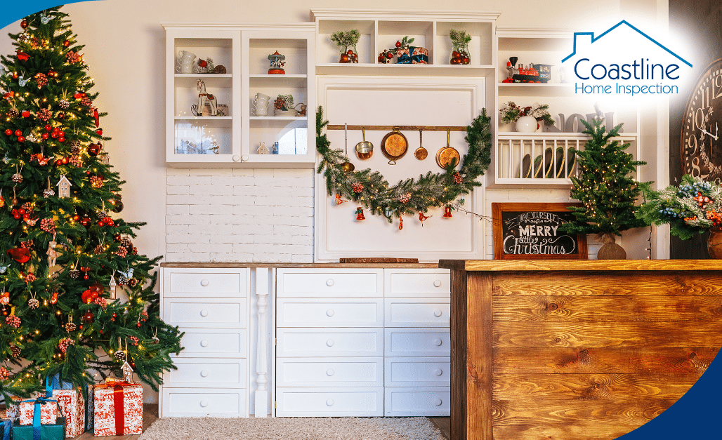 Festive holiday kitchen with Christmas tree, garlands, and gift-wrapped presents.
