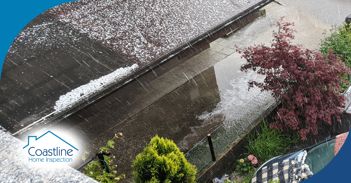 Roof with hail damage and rain, with a garden view.