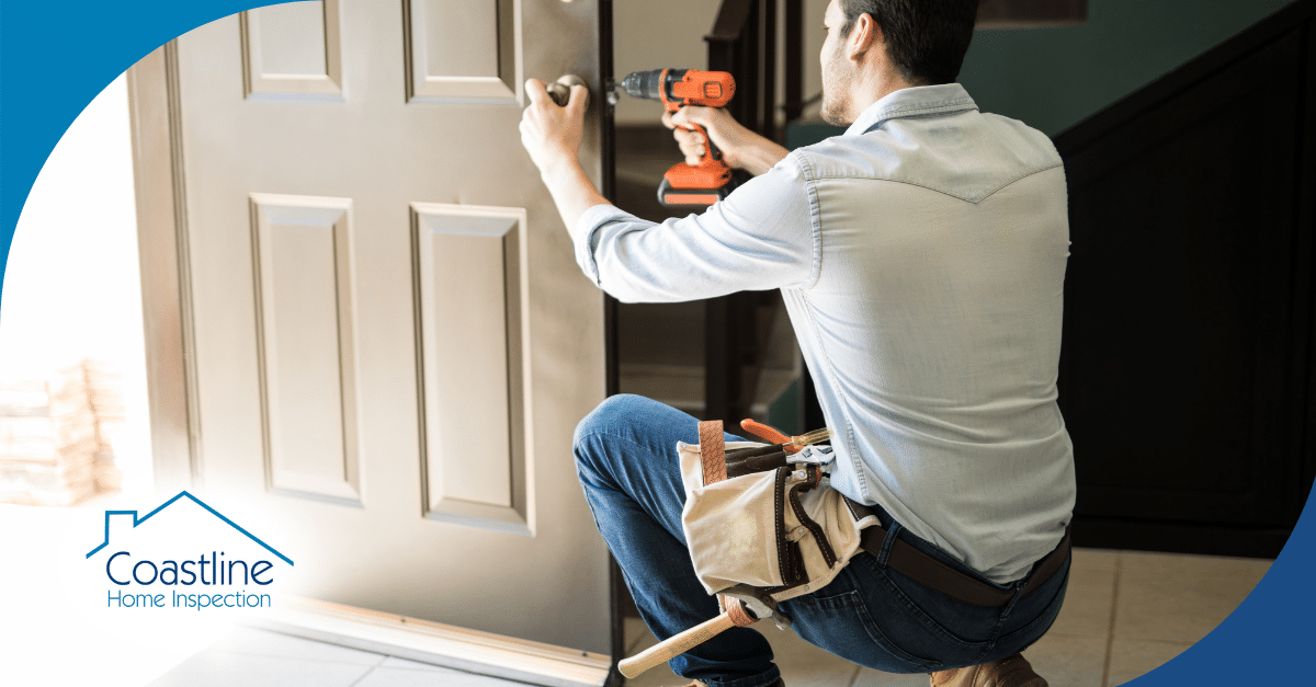 Technician installing a door handle with a drill.
